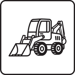 Naklejka premium Excavator Truck Outline Icon with Backhoe Arm, Black Line Art Style on White Background, Construction Machinery Vector Design