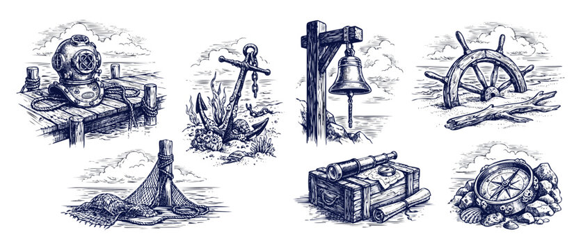 Nautical elements vintage engraving set featuring anchor diving helmet compass telescope ship wheel bell and fishing net on beach, perfect for classic maritime adventure and pirate theme designs.