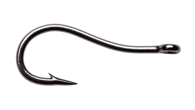 Isolated curved metal fishing hook with sharp point and dark finish for angling equipment