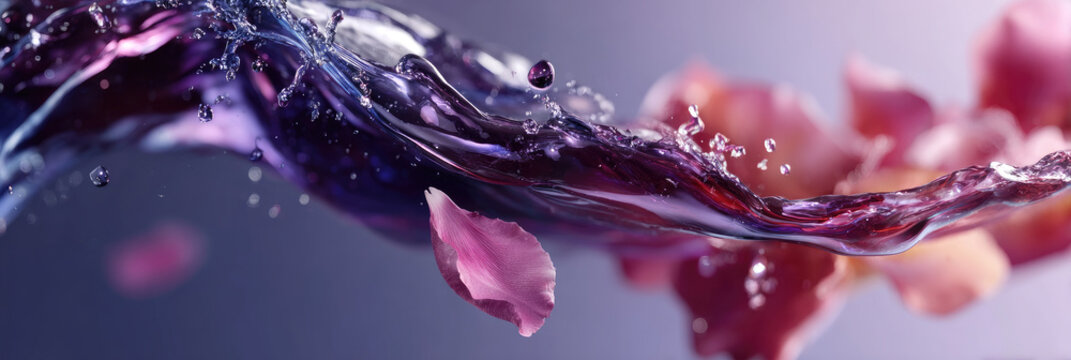 Butterfly pea flower liquid dynamically changing color, splashing with delicate petals, showing a natural pH indicator transition from blue purple to pink hues