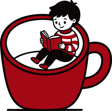 Cute cartoon boy sitting inside a large red coffee mug and reading a book, vector illustration