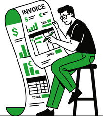 Naklejka premium Accountant or financial analyst checking a long invoice document with charts and tax information, vector illustration of a man sitting on a stool reviewing business expenses and financial data