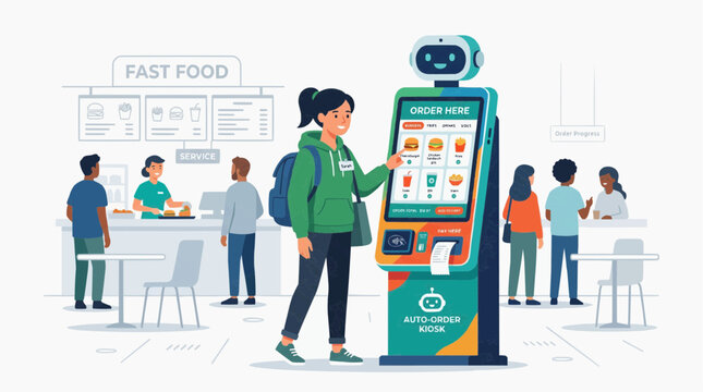 A young woman uses a self-service kiosk to order fast food, showcasing modern convenience in a busy restaurant setting