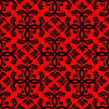 seamless continuous pattern of stylized crosses with floral ornaments in a golden gradient on a red  background.ai