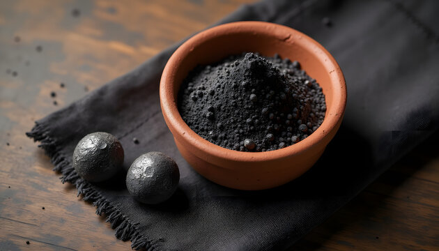 Black Mineral Powder in Terracotta Bowl Still Life