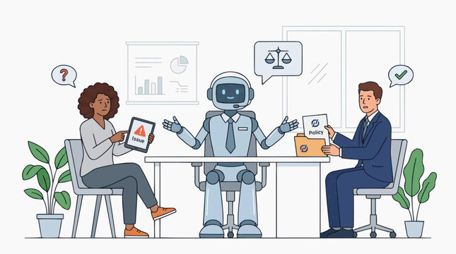 A robot, a woman, and a man sit at a table in an office setting. The robot appears to be mediating a discussion between the two humans, one of whom is holding a tablet with an alert symbol.