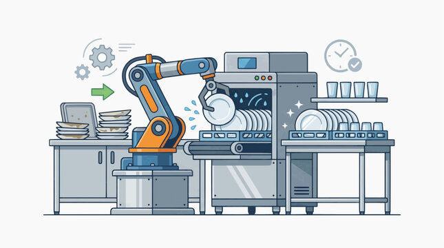 An industrial robotic arm loading plates into a commercial dishwasher. The system is depicted with clean lines and a futuristic feel, showing efficiency in automated dishwashing