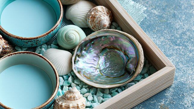 Marine frame with abalone shell mockup and blue copy space, summer spa wellness and beach theme concept, defocused, with copy space