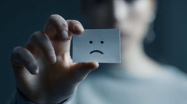 Person holding a white paper with a hand-drawn simile sad face in front of their head.  person holding up a piece of paper with a sad emoji face drawn on it, illuminated by contrasting blue magenta