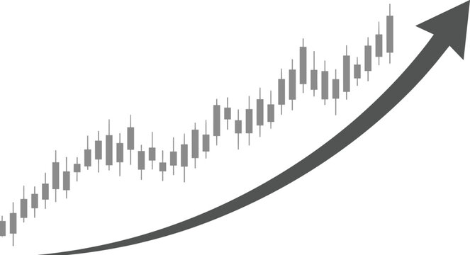 Financial candlestick chart showing upward stock market trend with a rising growth arrow isolated on white background