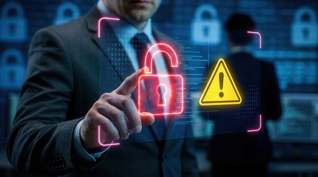 Business person touching an open padlock icon to fix security vulnerabilities and data breach.