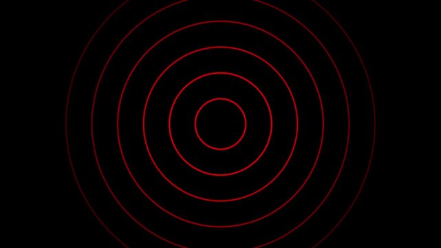 Digital red color radio waves screen animation icon on black background. Radial fade wave for sound, swirl, radio and sonar.