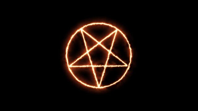 Mystical bright neon fire effect pentacle or inverted pentagram in circle on black background. Five pointed.on black backgraund .4k video animation.