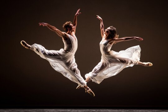 Two ballet dancers leaping gracefully on stage with lighting