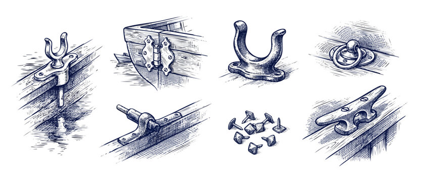 Boat hardware vintage illustration set featuring detailed sketches of oarlock, cleat, marine hinge, and maritime rigging fittings, perfect for classic nautical design and traditional sailing projects.