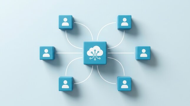 Cloud computing concept featuring a central cloud server connected to multiple user icons.