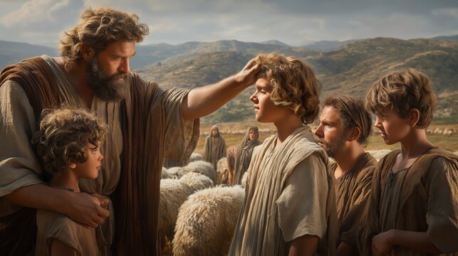 Family gathered in a field witnesses Samuel anoint David with oil, revealing that true greatness is chosen by God and often begins in humble places.
