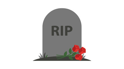 Gravestone with RIP and Roses: A solemn gravestone marked RIP stands as a symbol of remembrance, adorned with a cluster of vibrant red roses. © Duran