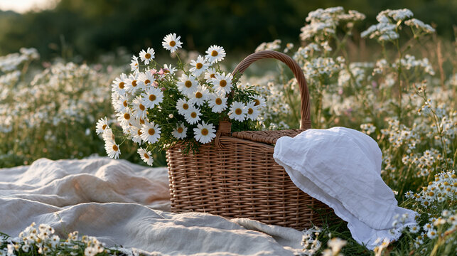 Spring Picnic in Blooming Wildflower Meadow