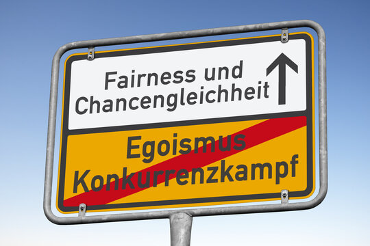 Symbolisches Ortsschild, das f&uuml;r eine "Fairness und Chancengleichheit" steht.