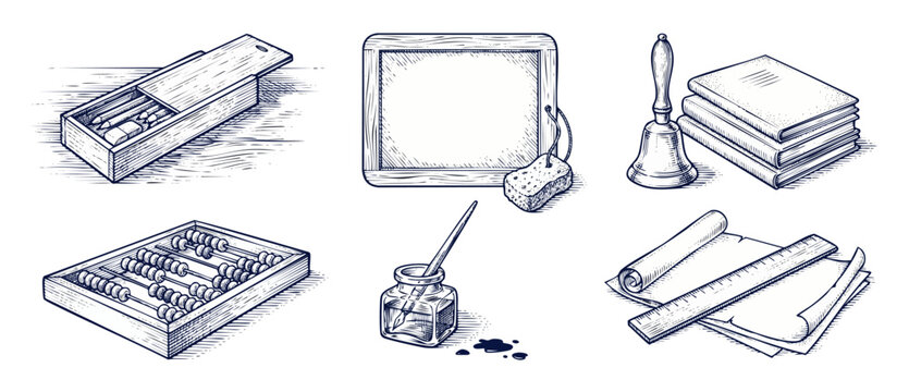 Vintage school supplies sketch icon set showing retro classroom teaching objects isolated on a white background, featuring abacus, slate board, inkwell, books, handbell, and wooden pencil case design.