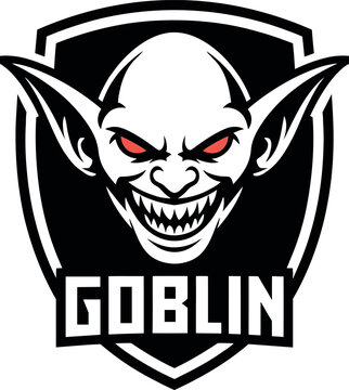 Creative graphic design of a fierce goblin face with red eyes and sharp teeth inside a shield emblem
