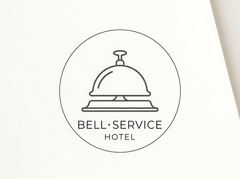 Hotel bell service icon with text for reception and concierge assistance, vintage reception desk bell illustration.