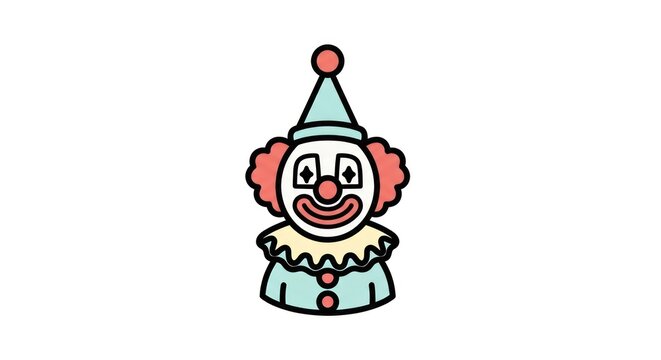 Colorful clown face icon with blue hat and red hair