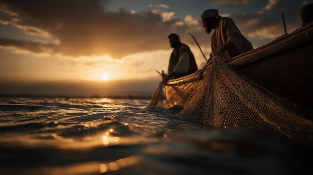 Peter and John draw in overflowing nets at dawn on the Sea of Galilee, illustrating how faithful perseverance and obedience can turn ordinary labor into a testimony of God&rsquo;s abundant provision.
