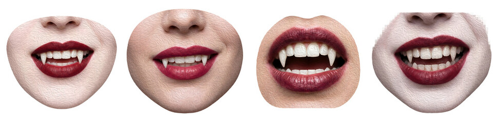 Set of Vampire Mouths with Sharp Fangs and Red Lipstick, Close-up Expressions for Halloween Horror Concepts, Isolated on White Background for Digital Design Projects © Khan