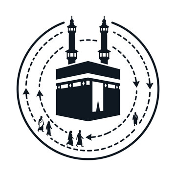 Islamic Kaaba pilgrimage vector icon, Tawaf circumambulation ritual with pilgrims, Makkah holy mosque silhouette sign