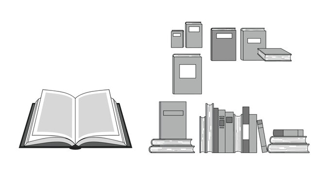 Collection of grey educational books shown in different layouts including an open textbook, stacked books, and vertical shelf.