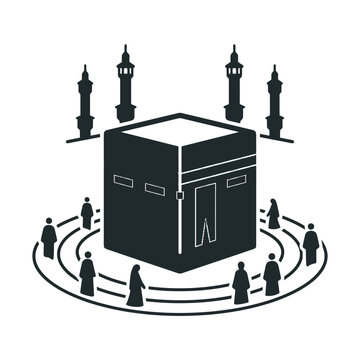 Islamic Kaaba vector icon, pilgrims performing Tawaf around the holy Kaaba, religious Hajj and Umrah pilgrimage symbol