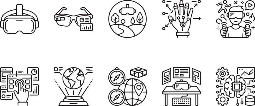 Virtual Reality and Metaverse Technology Line Icon Set - Modern VR Headset, Augmented Reality Smart Glasses, Cybernetic Haptic Glove, and Artificial Intelligence Symbols