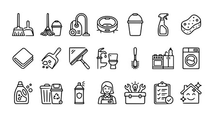 Fototapeta premium Premium House Cleaning Outline Icons with Vacuum Mop Washing and Housekeeping Symbols