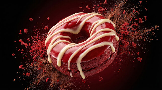 Red velvet donut with cream cheese glaze and cocoa powder dusting