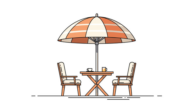 Cozy terrace dining setup showing a wooden table and two chairs under a large orange and white striped umbrella.