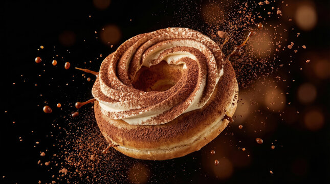 Tiramisu donut with cream swirl and cocoa powder dusting