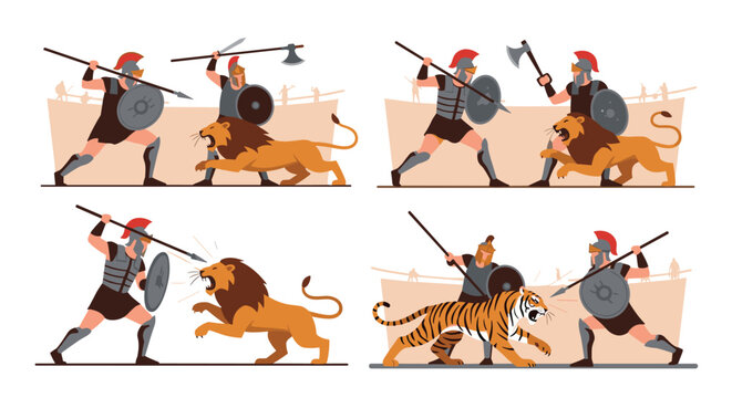 Ancient Roman gladiators fighting lions and tigers in an arena with spears, swords, axes, and protective shields.