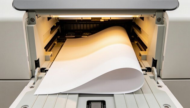 A close-up view of a printer with a sheet of white paper being fed through. The printer is modern and has a sleek design, showcasing its functionality.