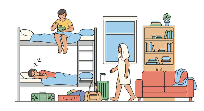 Travelers and hostel guests relaxing in a shared room with bunk beds, luggage, couch, and a bookshelf near a window.