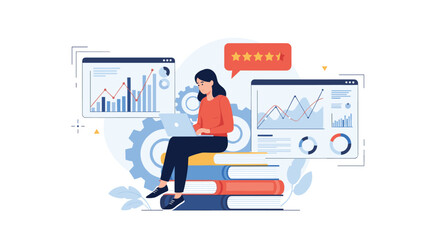 Fototapeta premium Young female analyst sitting on a stack of books and working on a laptop with financial charts and gear icons around her.