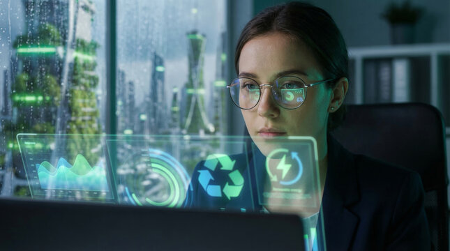 Professional woman working on a futuristic holographic interface in a modern office