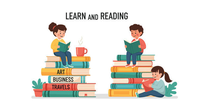 Children sitting on large stacks of books and reading on white background, promoting learning, literature, and school education.