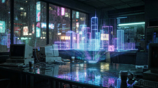 Futuristic holographic city model projected on a desk in a dark office