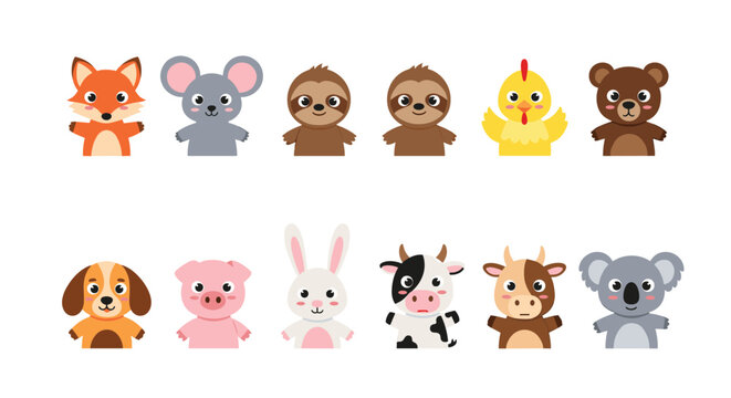 Set of cute animal finger puppets or cartoon hand puppets including fox, mouse, sloth, bear, dog, pig, cow, rabbit, and koala.