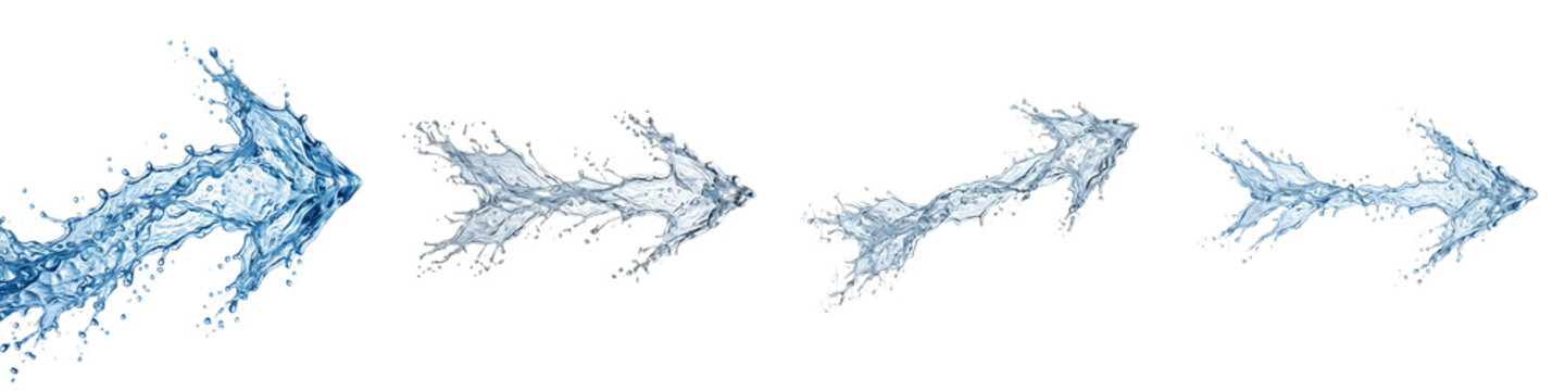 Dynamic Water Splash Arrows Set, Collection of Liquid Fluid Motion Shapes Pointing Right, Abstract Blue Water Elements Isolated on White Background for Creative Design