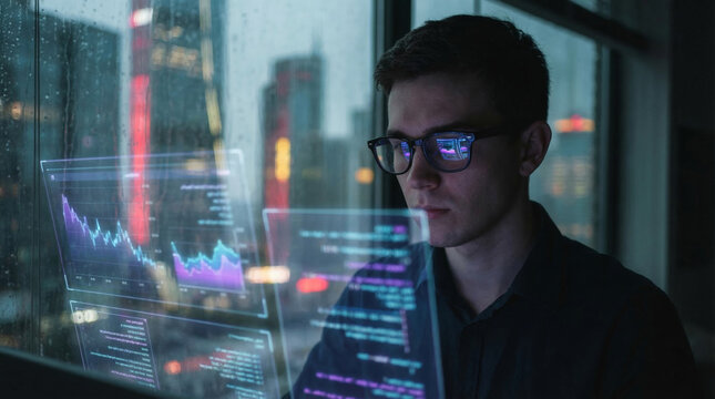 Young man analyzing financial data on digital screen in office at night