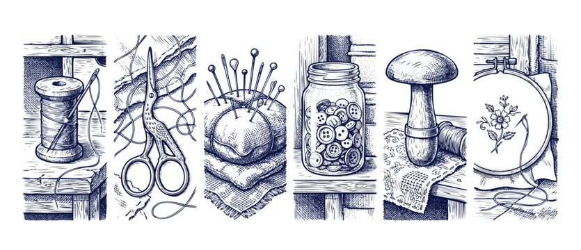 Sewing notions vintage engraving illustration set featuring spool of thread, stork scissors, pincushion, buttons jar, darning mushroom, and embroidery hoop. Monochromatic blue sketch drawing.