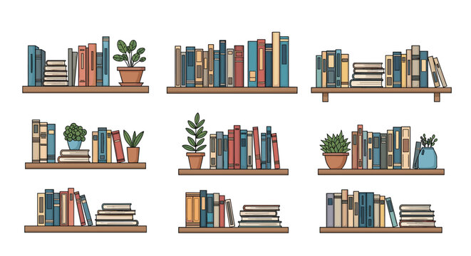 Diverse stacks of colorful books organized on wooden library shelves alongside several green potted houseplants.